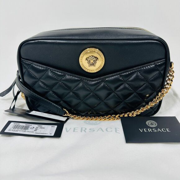 Versace La Medusa Quilted Lambskin Leather Medium Crossbody Camera Bag Black NWT - Picture 2 of 15